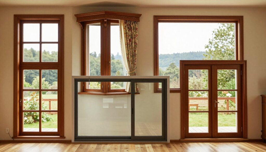 A beautifully arranged display of various window types, showcasing their unique designs and features, set against a softly lit backdrop. In the foreground, a modern sliding window with sleek lines and large glass panes reflects the light, surrounded by a classic wooden double-hung window with intricate detailing. The middle ground features a bay window, elegantly extending outwards, adorned with floral curtains, adding a cozy touch. In the background, a panoramic window highlighting expansive views of serene nature, emphasizing comfort and functionality. The scene is illuminated by warm, natural lighting creating a welcoming atmosphere, captured from a slightly elevated angle to emphasize depth and dimension in the arrangement of the windows, inviting the viewer to explore the variety and design options available.