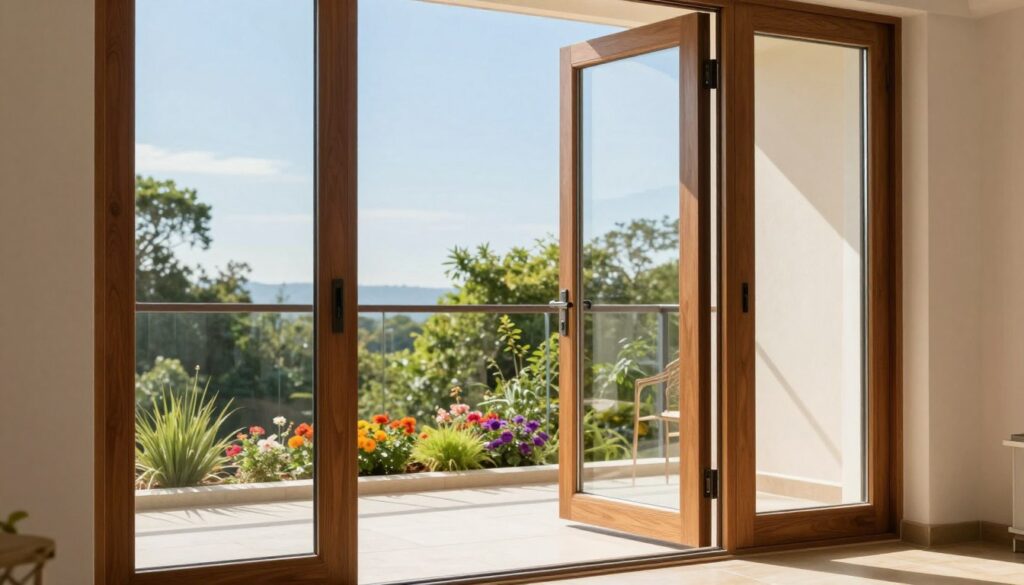 A beautifully designed balcony and terrace door set showcased from a side angle, emphasizing sleek, modern aesthetics. The foreground features the elegant door frame made of high-quality wood, with large glass panels that reflect natural light. In the middle, the open door invites the vibrant outdoor scene, allowing a glimpse of lush greenery and colorful flowers just outside. The background includes a bright blue sky, enhancing the sense of spaciousness and tranquility. The lighting is soft and warm, creating a welcoming atmosphere. The overall mood conveys harmony between indoor and outdoor living, illustrating a seamless transition that enhances the home's design and quality.