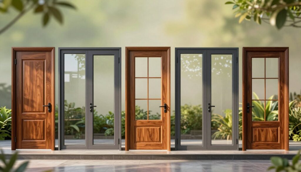 A beautifully designed selection of modern windows and doors arranged in an elegant display. In the foreground, showcase a variety of finely crafted wooden and aluminum doors, complemented with sleek glass windows, featuring clear, energy-efficient panes that reflect surrounding light. In the middle ground, include a soft gradient background with hints of lush greenery to enhance the natural aesthetics. The lighting should be warm and inviting, simulating sunlight filtering through the panes, casting gentle shadows. Use a wide-angle lens effect to create a sense of spaciousness while emphasizing the quality and craftsmanship of each piece. The overall mood should feel contemporary and sophisticated, showcasing a harmonious blend of style, quality, and functionality for home improvement.