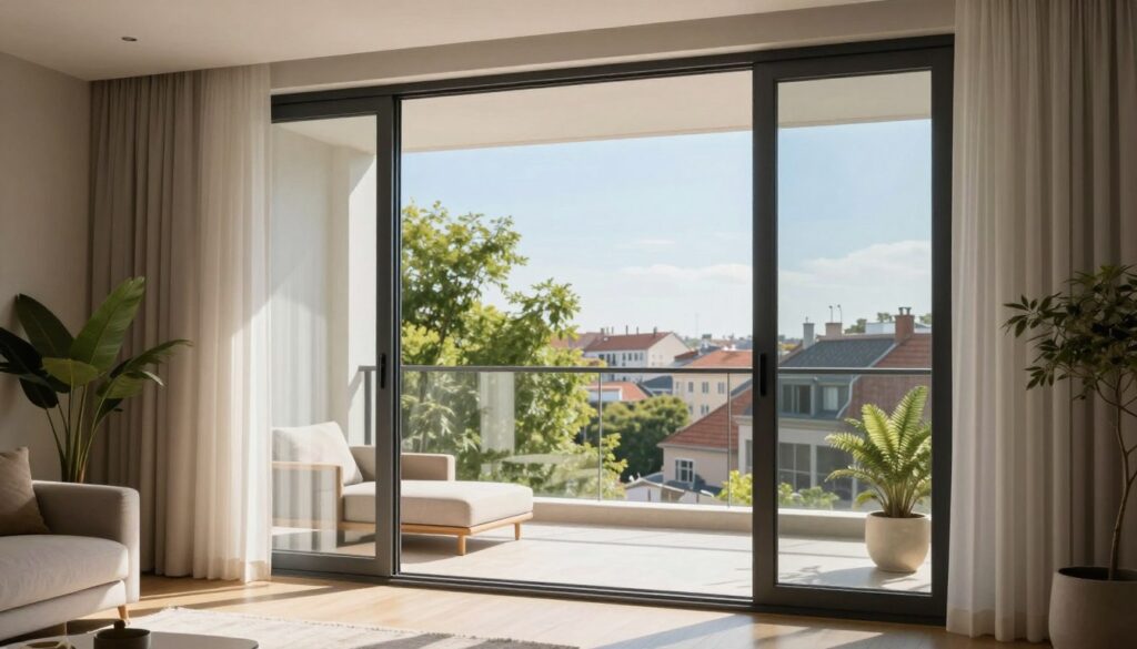 A contemporary balcony door set in a spacious room, showcasing its sleek design and functionality. In the foreground, a stylish, open balcony door reveals a picturesque view of a sunny urban landscape, surrounded by soft green foliage. The middle layer includes the room's interior, featuring modern decor elements like a minimalist couch, potted plants, and soft sunlight filtering through sheer curtains, creating a warm atmosphere. The background highlights a clear blue sky and rooftops, suggesting an urban environment. The lighting is bright and inviting, emphasizing the importance of natural light in choosing a balcony door. The overall mood conveys a blend of comfort, elegance, and practicality, perfect for an article on selecting the ideal balcony door.
