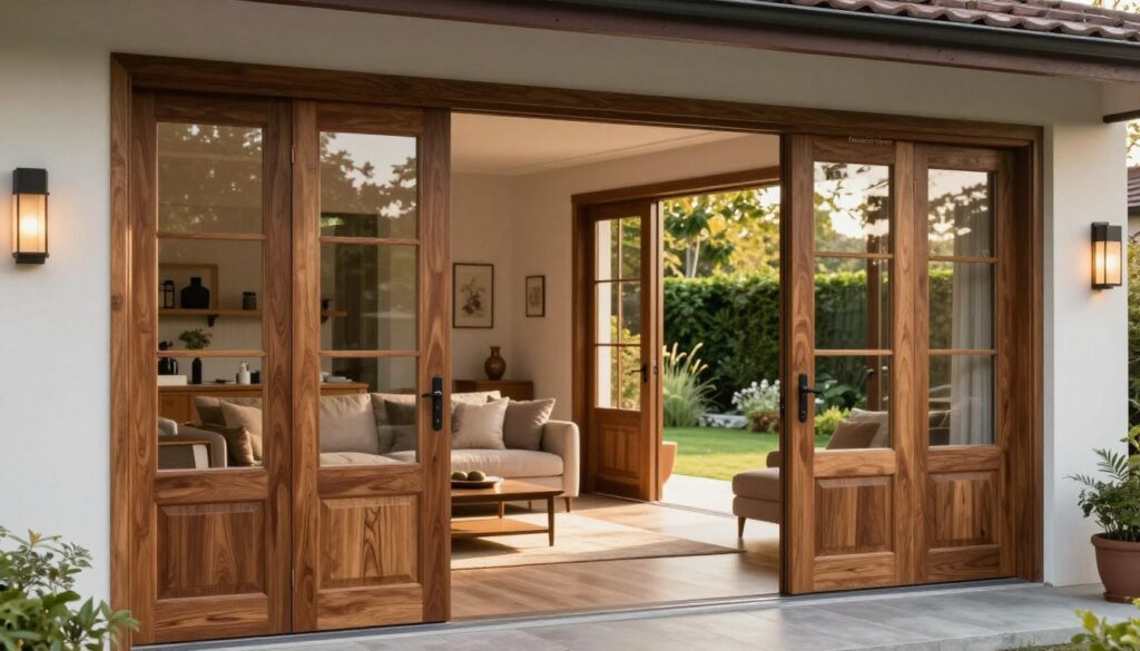 A cozy, modern home showcasing elegant "fenster türen" that harmoniously blend with contemporary architecture. In the foreground, richly detailed wooden doors with large glass panels reflect light, emphasizing their craftsmanship and design. The middle ground features a stylish living room with tasteful decor, highlighting the doors as a focal point. In the background, a gentle garden can be seen through the doors, filled with lush greenery creating a serene atmosphere. Soft, warm afternoon light bathes the scene, enhancing the welcoming feel of the home. The overall mood is inviting and sophisticated, perfect for illustrating high-quality design in residential architecture.
