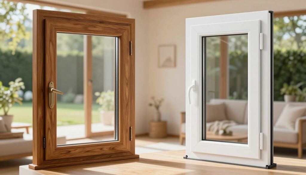 A detailed comparison of wooden windows and plastic windows, displayed side by side in a bright, modern setting. In the foreground, a beautifully crafted wooden window, showcasing rich grain patterns and elegant hardware. Next to it, a sleek, contemporary plastic window with a smooth finish and high energy efficiency features. The middle ground includes a soft-focus view of an inviting interior room, highlighting natural light pouring through the windows, casting gentle shadows. The background features a lush garden visible through the windows, creating a serene atmosphere. The lighting is warm and soft, suggesting a cozy, welcoming home environment. The image captures the essence of material quality and design, emphasizing the contrast between traditional and modern styles, without any text or additional elements.