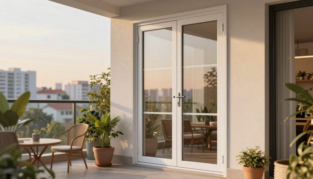 A modern, elegant Kunststoff balkontür prominently displayed in the foreground, featuring a sleek, white frame with large, energy-efficient double glazing panels allowing soft natural light to filter through. The door is slightly ajar, inviting an impression of openness and comfort. In the middle ground, a serene balcony adorned with potted plants and tasteful outdoor furniture enhances relaxation, while a vibrant cityscape can be subtly seen in the background, hinting at an urban lifestyle. The scene is set during golden hour, with warm, soft lighting that creates a welcoming atmosphere. The camera angle is slightly low, emphasizing the door’s height and modern design, providing a sense of depth. This image embodies practicality and style, perfect for a discussion on pricing and quality in balcony door options.
