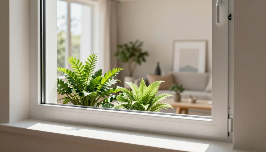 A modern energy-efficient window set against a clean, contemporary interior backdrop. The foreground features a sleek, double-glazed window frame with a hidden insulating barrier, reflecting sunlight. In the middle, vibrant green plants are placed on the window sill, symbolizing eco-friendliness and comfort. The background includes a softly lit room with neutral-toned walls and stylish décor, enhancing the focus on the window. Natural light streams in, casting soft shadows that create a warm and inviting atmosphere. The image captures a sense of sustainability and modern living, highlighting the qualities of energy-saving windows. Use a wide-angle lens to emphasize both the window and the surrounding space, ensuring a bright, airy feel throughout.