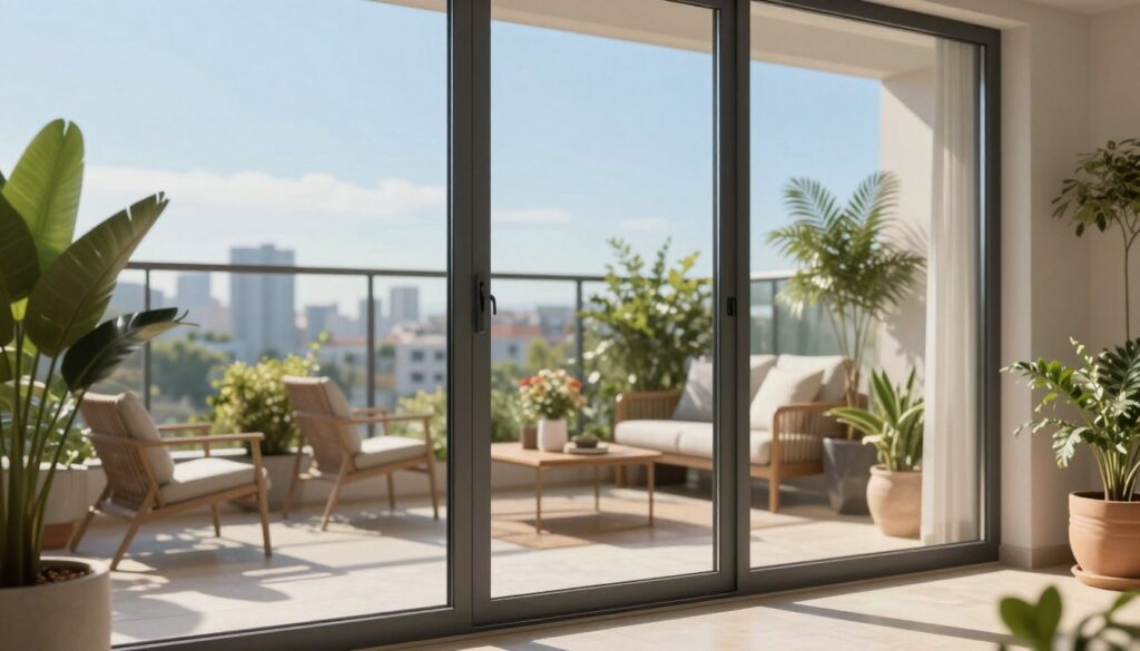 A modern glass balcony door depicted in a well-lit, contemporary setting. The foreground features the sleek, transparent glass door with minimalistic hardware, showcasing its insulation properties with reflections of natural light. In the middle, a cozy balcony adorned with potted plants and tasteful outdoor furniture complements the door, emphasizing a comfortable living space. The background includes a softly blurred view of a city skyline under a clear blue sky, suggesting warmth and serenity. The scene evokes a tranquil atmosphere, highlighting the benefits of energy-efficient design and sound insulation. The lighting is bright and inviting, mimicking a sunny afternoon, captured from a slightly angled perspective to convey depth and allure.