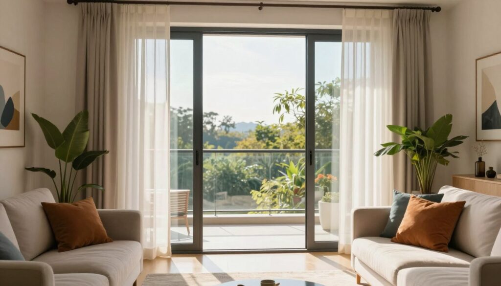 A modern glass balcony door opens into a bright and airy living room. The foreground features a sleek, minimalist furniture arrangement with a cozy sofa in neutral tones, complemented by a colorful throw pillow. In the middle, the stylish glass balcony door showcases a view of a sunny outdoor terrace, allowing natural light to flood the room. Soft curtains flutter gently, enhancing the freshness of the scene. The background showcases a light-colored wall adorned with tasteful artwork, and a lush indoor plant adds a touch of greenery. The lighting is warm and inviting, with sunlight streaming in from the balcony, creating cheerful highlights. The entire atmosphere feels harmonious and welcoming, perfect for showcasing the integration of the balcony door into a modern living space.
