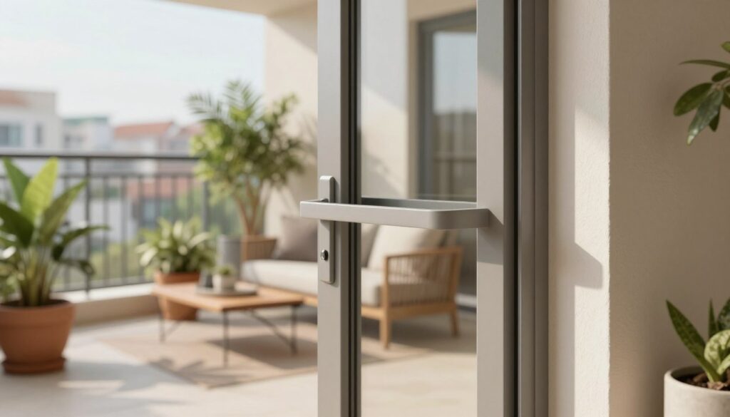 A modern kunststof balkontür elegantly showcased in a well-lit, contemporary balcony setting. In the foreground, the door features sleek lines and a minimalist handle, highlighting its plastic material's smooth surface and durability. The middle section captures a stylish balcony adorned with potted plants, a cozy seating arrangement, and a view overlooking a serene urban landscape. In the background, soft, natural light filters through, creating a warm ambience, with subtle reflections on the door's surface that enhance its modern aesthetic. The image conveys a sense of tranquility and refined living, emphasizing the functionality and appeal of kunststof as a building material in residential architecture.