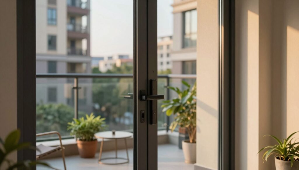 A modern security balcony door prominently displayed in the foreground, showcasing its robust design with reinforced glass and sleek metal framing. The door should appear securely closed, with an integrated multi-point lock mechanism visible, emphasizing safety features. In the middle ground, a serene balcony scene unfolds with potted plants and a small table, hinting at a comfortable outdoor space. The background features a residential building, set during the golden hour, with warm sunlight casting soft shadows. The atmosphere is calm and inviting, yet conveys a sense of security and protection. Use a slightly angled perspective to showcase the door's details effectively, with balanced lighting enhancing the materials' texture without any text or distractions.
