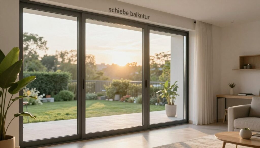 A sleek, modern "schiebe balkontür" (sliding balcony door) set in a bright, airy living space. The foreground features a close-up of the door’s smooth, glass panels reflecting soft natural light, allowing a glimpse of a lush green terrace outside. In the middle ground, the door is partially open, inviting a gentle breeze. The room is tastefully decorated with minimalist furniture, neutral tones, and a potted plant for an inviting atmosphere. The background showcases a sunny balcony with a view of the garden, bathed in warm, golden light as the sun sets. The composition emphasizes functionality and style, capturing the essence of indoor-outdoor living while creating a serene and harmonious ambiance.