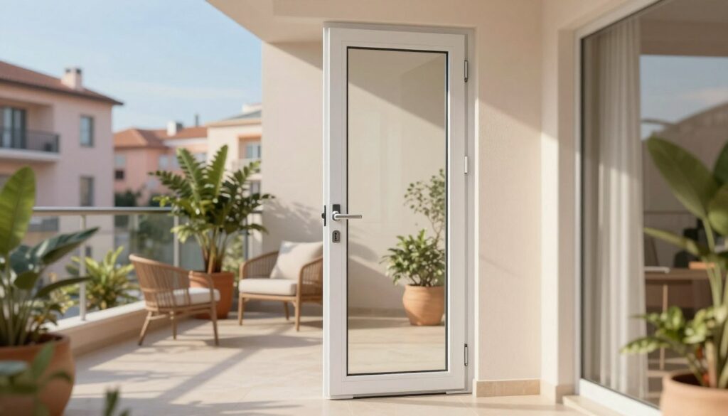 A sleek, modern security balcony door stands prominently in the foreground, showcasing its robust design with multiple locking mechanisms and tempered glass panels. The door is framed by a stylish white exterior with a contemporary handle. In the middle ground, a well-lit, modern balcony area features potted plants and tasteful outdoor furniture, highlighting the door's versatility for residential use. The background reveals a serene urban environment with soft pastel buildings and clear blue skies, emphasizing the door's aesthetic appeal. Warm, natural sunlight filters in, casting gentle shadows and creating an inviting atmosphere. The focus is on safety and quality in design, appealing to homeowners seeking both security and elegance in their balcony doors.