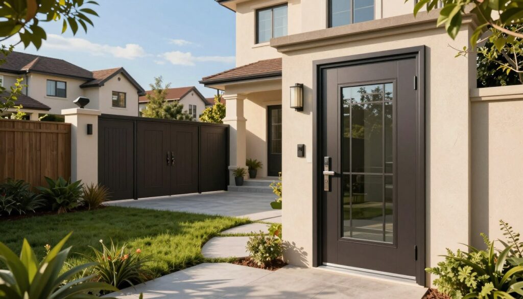 Modern front doors and side entrance doors showcased in a stylish residential setting. In the foreground, a sleek, contemporary front door featuring elegant glass panels and a polished metal handle, surrounded by lush greenery. The middle ground highlights a spacious entrance with additional side doors, harmonizing in design and color. A well-maintained pathway leads to the entrance, enhancing the home's welcoming feel. In the background, a neighborhood scene with charming houses under a clear blue sky, bathed in warm, natural sunlight to create an inviting atmosphere. The perspective is slightly elevated, capturing both the grandeur of the doors and the cozy home environment. The overall mood is one of modern elegance and inviting security, perfect for a contemporary home.