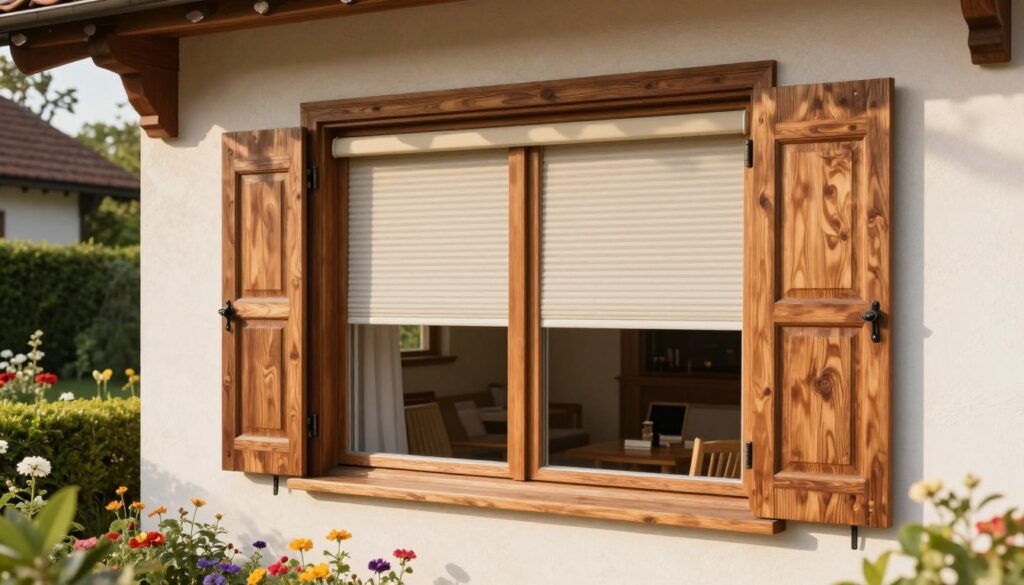 Zweiflügelige Holzfenster mit Rollladen für mehr Sicherheit